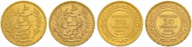FRENCH PROTECTORATE 
 Reign of Ali Bey (1299-1320ah / 1882-1902ce) 
 Lot of 2 gold coins: 20 francs Gad 117, KM 227 both vf-xf a. 1893ce/1310ah (scr...