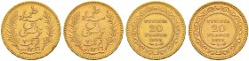 FRENCH PROTECTORATE 
 Reign of Ali Bey (1299-1320ah / 1882-1902ce) 
 Lot of 2 gold coins: 20 francs Gad 117, KM 228 both xf a. 1898ce/1316ah
 b. 18...