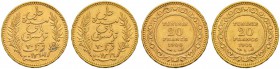 FRENCH PROTECTORATE 
 Reign of Ali Bey (1299-1320ah / 1882-1902ce) 
 Lot of 2 gold coins: 20 francs Gad 117, KM 229 both xf a. 1900ce/1318ah
 b. 19...