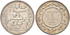 FRENCH PROTECTORATE 
 Reign of Muhammed al-Hadi Bey (1320-1324ah / 1902-1906ce) 
 2 francs 1904ce/1322ah AR 9.98g Gad 90, KM 232 rare grade xf+
