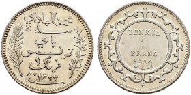 FRENCH PROTECTORATE 
 Reign of Muhammed al-Hadi Bey (1320-1324ah / 1902-1906ce) 
 1 franc 1904ce/1322ah AR 5.00g Gad 85, KM 231 rare grade xf+