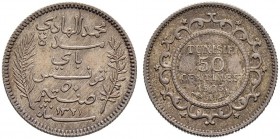 FRENCH PROTECTORATE 
 Reign of Muhammed al-Hadi Bey (1320-1324ah / 1902-1906ce) 
 50 centimes 1903ce/1321ah AR 2.49g Gad 80, KM 223 1’003 R Fdc