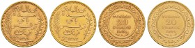 FRENCH PROTECTORATE 
 Reign of Muhammed al-Hadi Bey (1320-1324ah / 1902-1906ce) 
 Lot of 2 gold coins: 20 francs, Gad 118, KM 234, both xf or better...