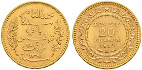 FRENCH PROTECTORATE 
 Reign of Muhammed al-Nasr Bey (1324-1340ah / 1906-1922ce) 
 20 francs 1910ce/1328ah AU 6.44g Gad 119, KM 241 23 RRR -unc