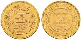 FRENCH PROTECTORATE 
 Reign of Muhammed al-Nasr Bey (1324-1340ah / 1906-1922ce) 
 10 francs 1908ce/1326ah AU 3.22g Gad 115, KM 240 166 RR Fdc Ex Alb...