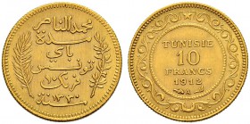 FRENCH PROTECTORATE 
 Reign of Muhammed al-Nasr Bey (1324-1340ah / 1906-1922ce) 
 10 francs 1912ce/1330ah AU 3.23g Gad 115, KM 240 83 RR xf