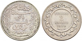 FRENCH PROTECTORATE 
 Reign of Muhammed al-Nasr Bey (1324-1340ah / 1906-1922ce) 
 2 francs 1909ce/1327ah AR 9.92g Gad 91, KM 225 303 R -/xf