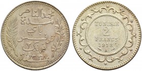 FRENCH PROTECTORATE 
 Reign of Muhammed al-Nasr Bey (1324-1340ah / 1906-1922ce) 
 2 francs 1918ce/1337ah AR 9.94g Gad 91, KM 225 303 R Fdc