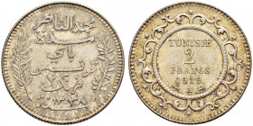 FRENCH PROTECTORATE 
 Reign of Muhammed al-Nasr Bey (1324-1340ah / 1906-1922ce) 
 2 francs 1919ce/1338ah AR 10.01g Gad 91, KM 225 303 R Fdc