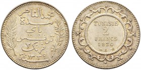 FRENCH PROTECTORATE 
 Reign of Muhammed al-Nasr Bey (1324-1340ah / 1906-1922ce) 
 2 francs 1920ce/1339ah AR 9.99g Gad 91, KM 232 303 R -Fdc