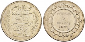 FRENCH PROTECTORATE 
 Reign of Muhammed al-Nasr Bey (1324-1340ah / 1906-1922ce) 
 2 francs 1921ce/1340ah AR 10.03g Gad 91, KM 232 303 R Fdc