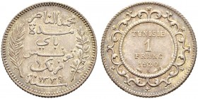 FRENCH PROTECTORATE 
 Reign of Muhammed al-Nasr Bey (1324-1340ah / 1906-1922ce) 
 1 franc 1920ce/1339ah AR 4.99g Gad 86, KM 238 703 R Fdc