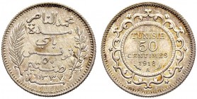 FRENCH PROTECTORATE 
 Reign of Muhammed al-Nasr Bey (1324-1340ah / 1906-1922ce) 
 50 centimes 1918ce/1337ah AR 2.51g Gad 81, KM 237 1’003 R Fdc