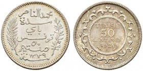 FRENCH PROTECTORATE 
 Reign of Muhammed al-Nasr Bey (1324-1340ah / 1906-1922ce) 
 50 centimes 1920ce/1339ah AR 2.49g Gad 81, KM 237 1’003 R -Fdc