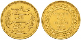 FRENCH PROTECTORATE 
 Reign of Muhammed al-Habib Bey (1340-1348ah / 1922-1929ce) 
 20 francs 1928ce/1347ah AU 6.47g Gad 120, KM 253 23 RRR -unc Ex S...