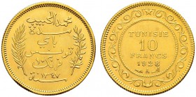 FRENCH PROTECTORATE 
 Reign of Muhammed al-Habib Bey (1340-1348ah / 1922-1929ce) 
 10 francs 1928ce/1347ah AU 3.24g Gad 116, KM 252 83 RR -unc