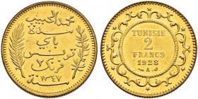 FRENCH PROTECTORATE 
 Reign of Muhammed al-Habib Bey (1340-1348ah / 1922-1929ce) 
 2 francs 1928ce/1321ah AlAe 8.02g Gad 92 --- RR; gilt Fdc