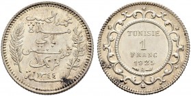 FRENCH PROTECTORATE 
 Reign of Muhammed al-Habib Bey (1340-1348ah / 1922-1929ce) 
 1 franc 1925ce/1344ah AR 4.95g Gad 87, KM 250 703 R -Fdc