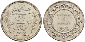 FRENCH PROTECTORATE 
 Reign of Muhammed al-Habib Bey (1340-1348ah / 1922-1929ce) 
 1 franc 1928ce/1347ah AR 5.00g Gad 87, KM 250 703 R xf+