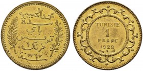 FRENCH PROTECTORATE 
 Reign of Muhammed al-Habib Bey (1340-1348ah / 1922-1929ce) 
 1 franc 1928ce/1347ah AlAe 3.93g Gad 87 --- RR; gilt Fdc