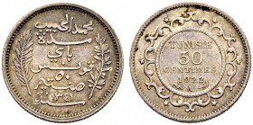 FRENCH PROTECTORATE 
 Reign of Muhammed al-Habib Bey (1340-1348ah / 1922-1929ce) 
 50 centimes 1922ce/1341ah AR 2.49g Gad 82, KM 249 1’003 R xf+