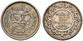 FRENCH PROTECTORATE 
 Reign of Muhammed al-Habib Bey (1340-1348ah / 1922-1929ce) 
 50 centimes 1924ce/1343ah AR 2.48g Gad 82, KM 249 1’003 R vf