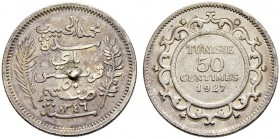 FRENCH PROTECTORATE 
 Reign of Muhammed al-Habib Bey (1340-1348ah / 1922-1929ce) 
 50 centimes 1927ce/1316ah AR 2.48g cf. Lec 177 1’003 RR vf+; ex m...