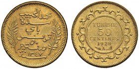 FRENCH PROTECTORATE 
 Reign of Muhammed al-Habib Bey (1340-1348ah / 1922-1929ce) 
 50 centimes 1928ce/1316ah AlAe 2.01g Gad 82 --- RR; gilt Fdc