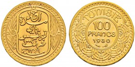 FRENCH PROTECTORATE 
 Reign of Ahmad Pasha Bey (1348-1361ah / 1929-1942ce) 
 100 francs 1930ce/1349ah AU 6.53g Gad 121, KM 257 3.000 Fdc