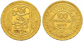 FRENCH PROTECTORATE 
 Reign of Ahmad Pasha Bey (1348-1361ah / 1929-1942ce) 
 100 francs 1931ce/1350ah AU 6.63g Gad 121, KM 257 33 RRR Fdc Ex UBS 85:...