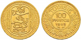 FRENCH PROTECTORATE 
 Reign of Ahmad Pasha Bey (1348-1361ah / 1929-1942ce) 
 100 francs 1933ce/1352ah AU 6.56g Gad 121, KM 257 33 RRR -unc