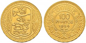 FRENCH PROTECTORATE 
 Reign of Ahmad Pasha Bey (1348-1361ah / 1929-1942ce) 
 100 francs 1934ce/1353ah AU 6.56g Gad 121, KM 257 133 RR Fdc Ex Leu 74:...