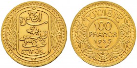 FRENCH PROTECTORATE 
 Reign of Ahmad Pasha Bey (1348-1361ah / 1929-1942ce) 
 100 francs 1935ce/1354ah AU 6.53g Gad 121, KM 257 3.000 -Fdc