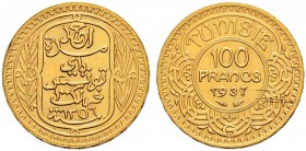 FRENCH PROTECTORATE 
 Reign of Ahmad Pasha Bey (1348-1361ah / 1929-1942ce) 
 100 francs 1937ce/1356ah AU 6.54g Gad 121, KM 257 33 RRR -Fdc Ex SBV (Z...