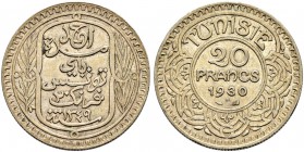FRENCH PROTECTORATE 
 Reign of Ahmad Pasha Bey (1348-1361ah / 1929-1942ce) 
 20 francs 1930ce/1349ah AR 20.06g Gad 104, KM 256 20.000 xf