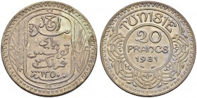 FRENCH PROTECTORATE 
 Reign of Ahmad Pasha Bey (1348-1361ah / 1929-1942ce) 
 20 francs 1931ce/1350ah AR 19.89g Gad 104, KM 256 53 RR -unc