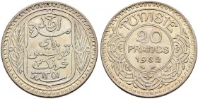 FRENCH PROTECTORATE 
 Reign of Ahmad Pasha Bey (1348-1361ah / 1929-1942ce) 
 20 francs 1932ce/1351ah AR 20.02g Gad 104, KM 256 20.000 +/xf