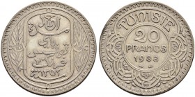 FRENCH PROTECTORATE 
 Reign of Ahmad Pasha Bey (1348-1361ah / 1929-1942ce) 
 20 francs 1933ce/1352ah AR 19.88g Gad 104, KM 256 53 RR +/xf