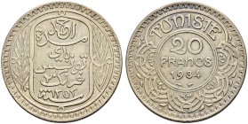 FRENCH PROTECTORATE 
 Reign of Ahmad Pasha Bey (1348-1361ah / 1929-1942ce) 
 20 francs 1934ce/1353ah AR 19.90g Gad 104, KM 256 9.500 +/xf