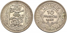 FRENCH PROTECTORATE 
 An extremely rare – albeit cancelled – die 
 10 francs 1931ce/1350ah AR 10.01g Gad 98, KM 255 1,003 R xf