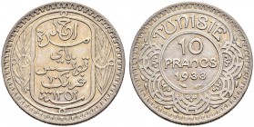 FRENCH PROTECTORATE 
 An extremely rare – albeit cancelled – die 
 10 francs 1933ce/1352ah AR 9.98g Gad 98, KM 255 1,003 R xf+