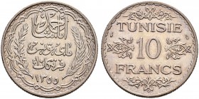 FRENCH PROTECTORATE 
 An extremely rare – albeit cancelled – die 
 10 francs 1355ah (1936ce) AR 9.92g Gad 99, KM 262 1,103 R xf