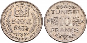 FRENCH PROTECTORATE 
 An extremely rare – albeit cancelled – die 
 10 francs 1356ah (1937ce) AR 9.91g Gad 99, KM 255 1,103 R -xf