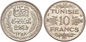 FRENCH PROTECTORATE 
 An extremely rare – albeit cancelled – die 
 10 francs 1357ah (1938ce) AR 9.96g Gad 99, KM 255 1,103 RR xf+