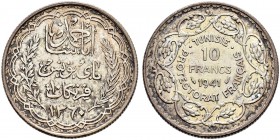 FRENCH PROTECTORATE 
 An extremely rare – albeit cancelled – die 
 10 francs 1941ce/1360ah AR 9.98g Gad 100, KM 265 1,103 R xf+