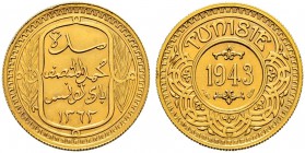 FRENCH PROTECTORATE 
 Reign of Muhammed al-Monsif Bey (1361-1362ah / 1942-1943ce) 
 100 francs 1943ce/1362ah AU 6.59g Gad 124, KM M2 33 RRR -Fdc Aft...