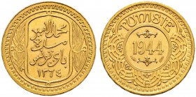 FRENCH PROTECTORATE 
 Reign of Muhammed al-Amin Bey (1362-1376ah / 1943-1957ce) 
 100 francs 1944ce/1364ah AU 6.55g Gad 125, KM M3 68 RR Fdc