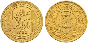 FRENCH PROTECTORATE 
 Reign of Muhammed al-Amin Bey (1362-1376ah / 1943-1957ce) 
 100 francs 1945ce/1365ah AU 6.54g Gad 125, KM M3 33 RRR Fdc