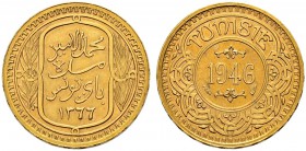 FRENCH PROTECTORATE 
 Reign of Muhammed al-Amin Bey (1362-1376ah / 1943-1957ce) 
 100 francs 1946ce/1366ah AU 6.55g Gad 125, KM M3 33 RRR Fdc Ex SBV...