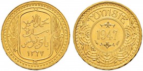 FRENCH PROTECTORATE 
 Reign of Muhammed al-Amin Bey (1362-1376ah / 1943-1957ce) 
 100 francs 1947ce/1367ah AU 6.56g Gad 125, KM M3 33 RRR Fdc Ex UBS...
